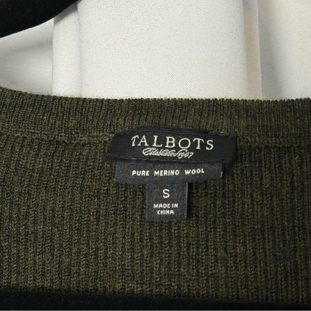 Talbots Olive Green Ribbed Knit Dress Wool Blend V Neck Short Sleeve Small - Picture 2 of 14